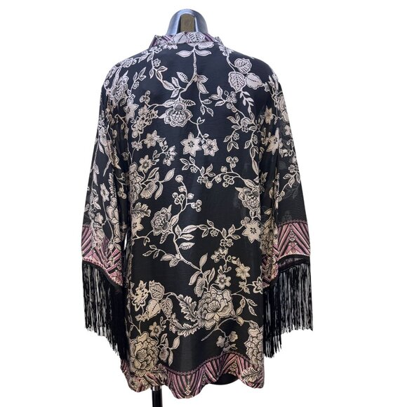Johnny Was Black Floral Kimono Blouse With Fringe & Button Closure M - Picture 2 of 8